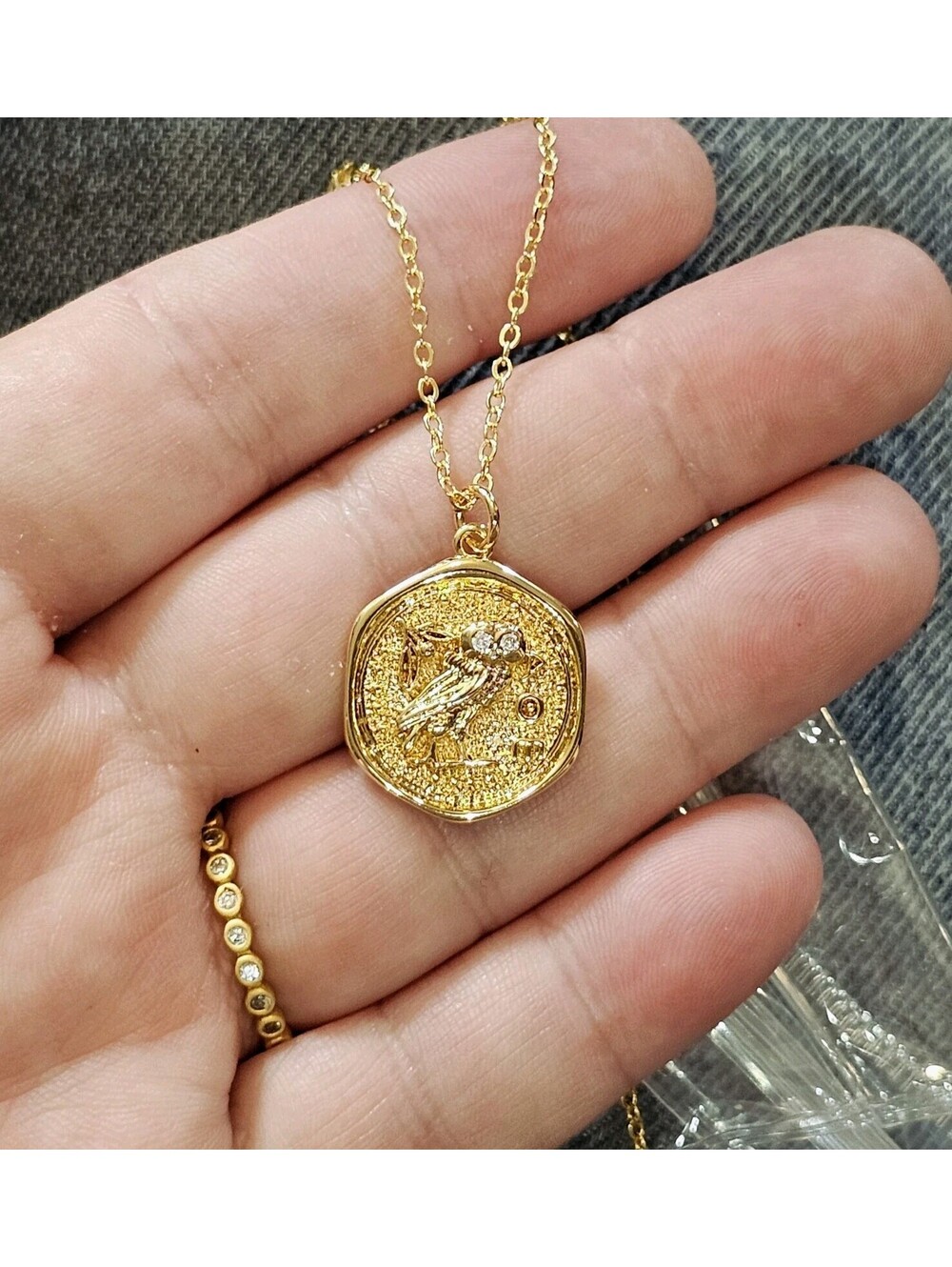 14k Gold Plated Owl Pendant Necklace CZ Athena AOE Coin